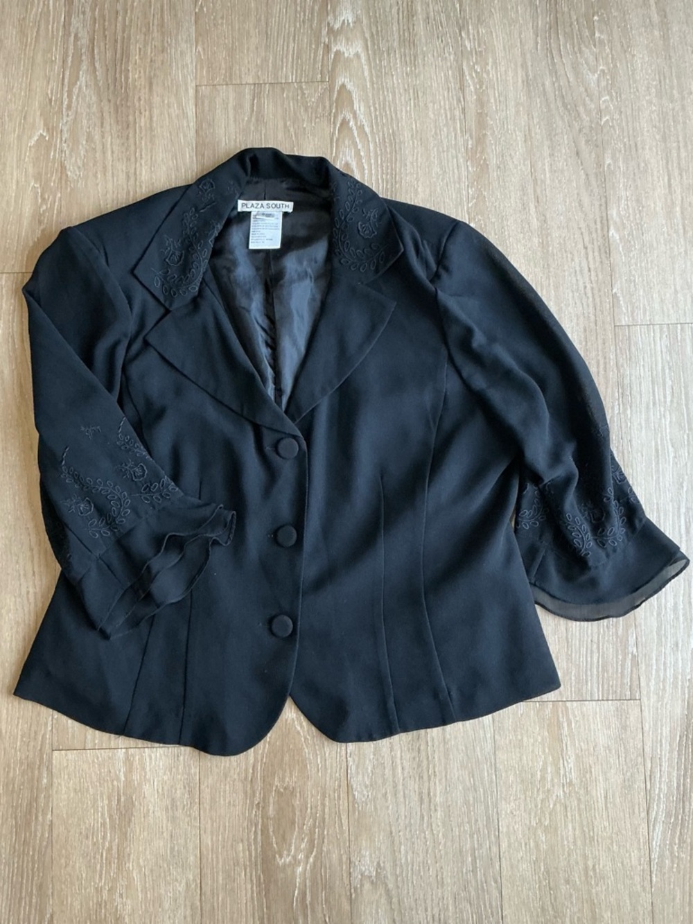 Vintage Plaza South Black Button-Front Blazer Jacket w/ Feminine Details